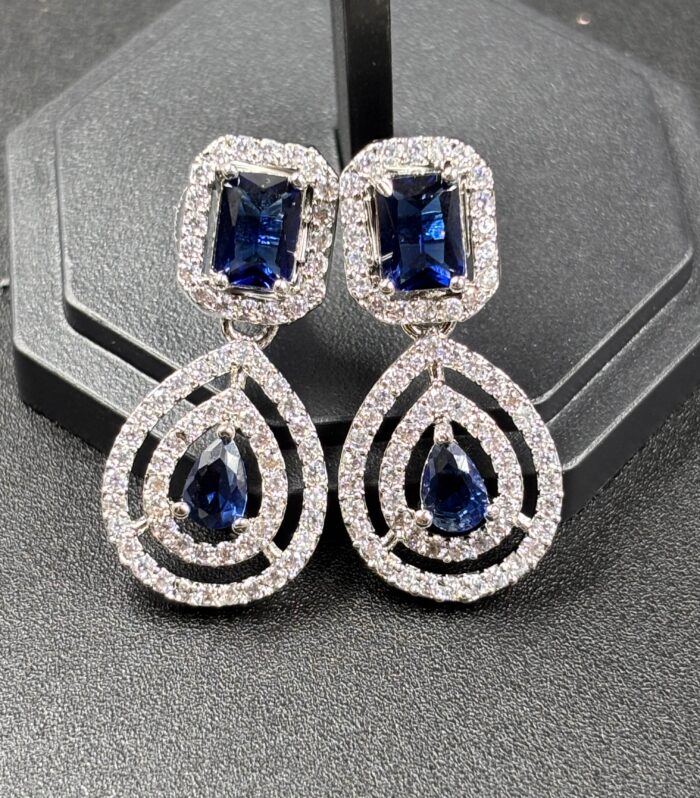 Royal Blue Crystal Double Halo Drop Earrings