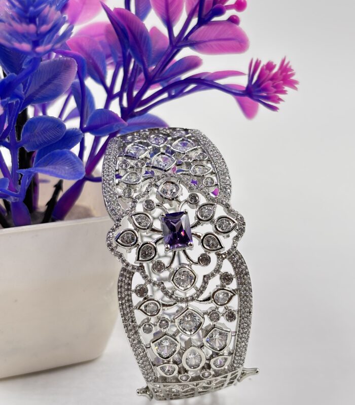 Silver-Tone Purple Stone Floral Cutwork Statement Bangle