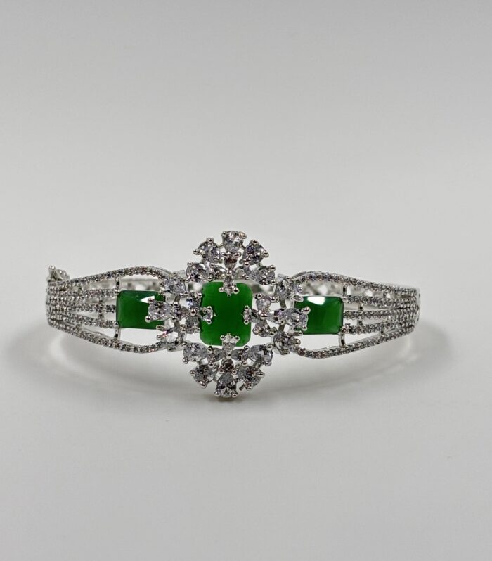 Silver Tone Green Stone Floral Crystal Bangle