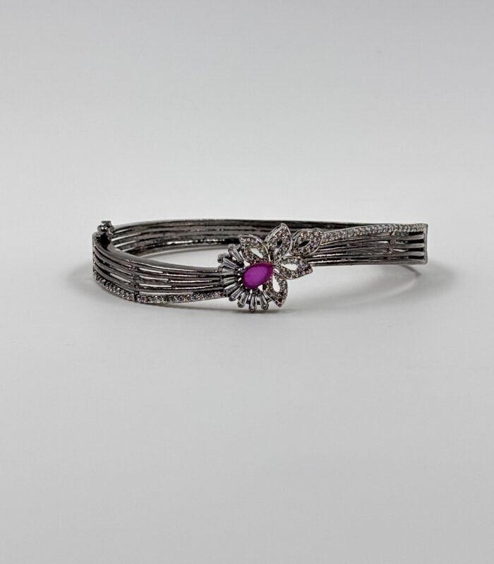 Oxidised Silver Floral Pink Stone Statement Bangle