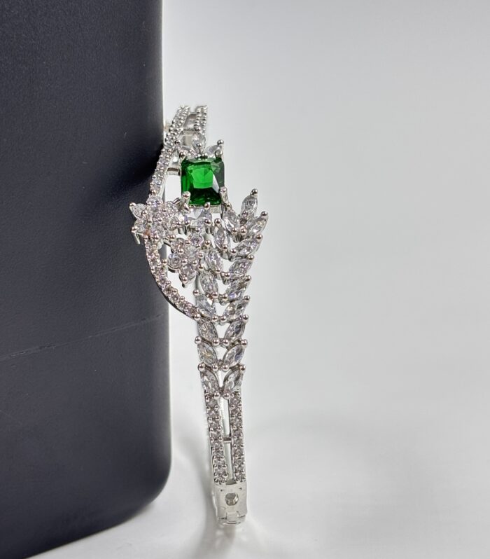 Silver-Tone Green Stone Leaf Motif Crystal Bangle