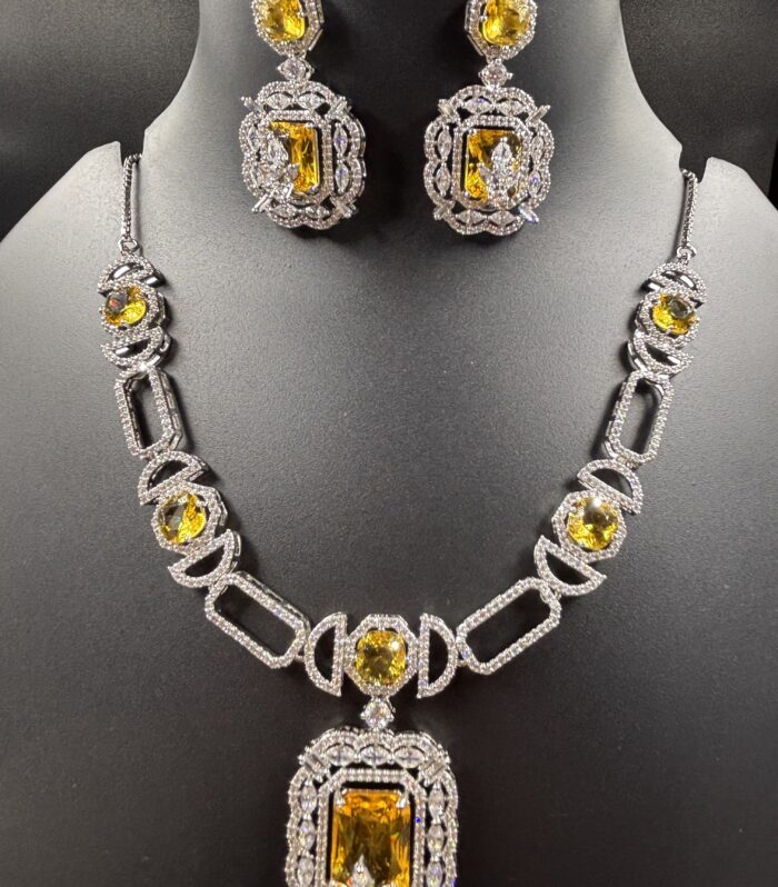 Silver-Tone Yellow Stone Regal Cutwork Pendant Necklace Set