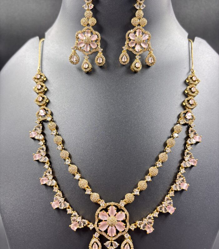 Gold-Tone Blush Pink Floral Crystal Statement Necklace Set