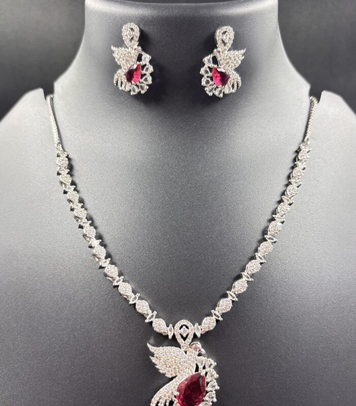 Silver-Tone Ruby Red Crystal Swan Pendant Necklace Set